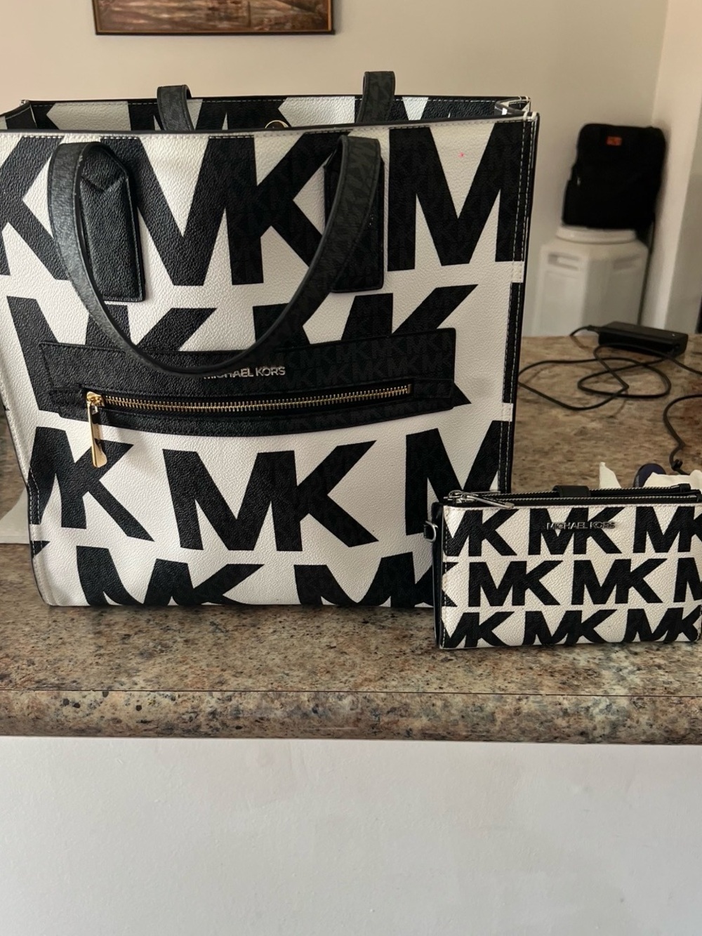 Michael Kors Black & White MK Logo Tote with Matching Wristlet